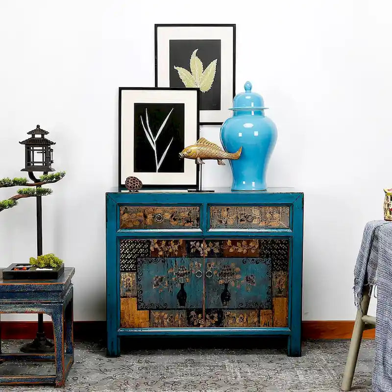 Cabinet floral indigo antique à deux tiroirs 38X16X33H - 16 L x 38.5 W x 33 H