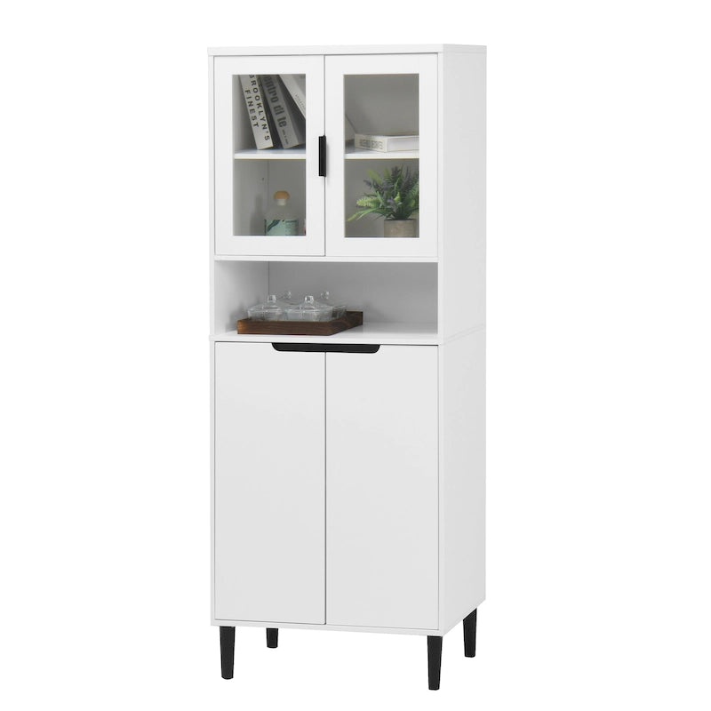Vitrine haute de rangement avec 2 portes vitrées et 2 portes, buffet de cuisine haut avec poignées dorées