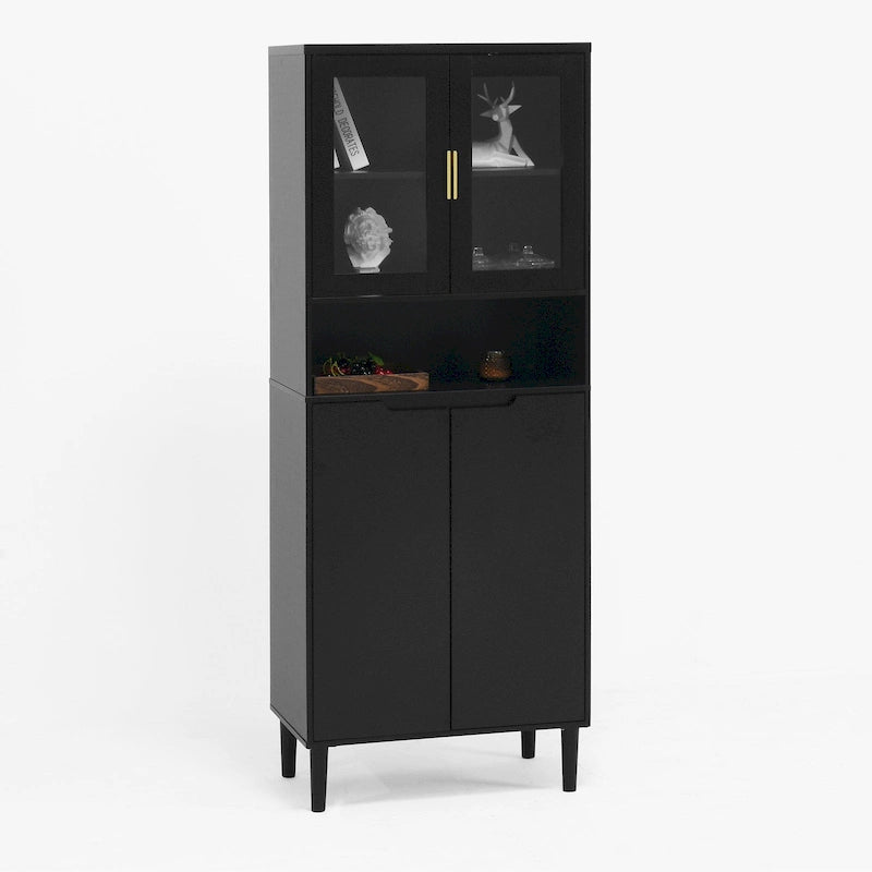 Vitrine haute de rangement avec 2 portes vitrées et 2 portes, buffet de cuisine haut avec poignées dorées