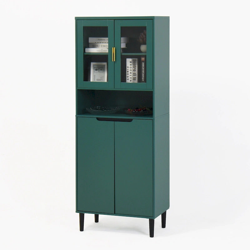 Vitrine haute de rangement avec 2 portes vitrées et 2 portes, buffet de cuisine haut avec poignées dorées