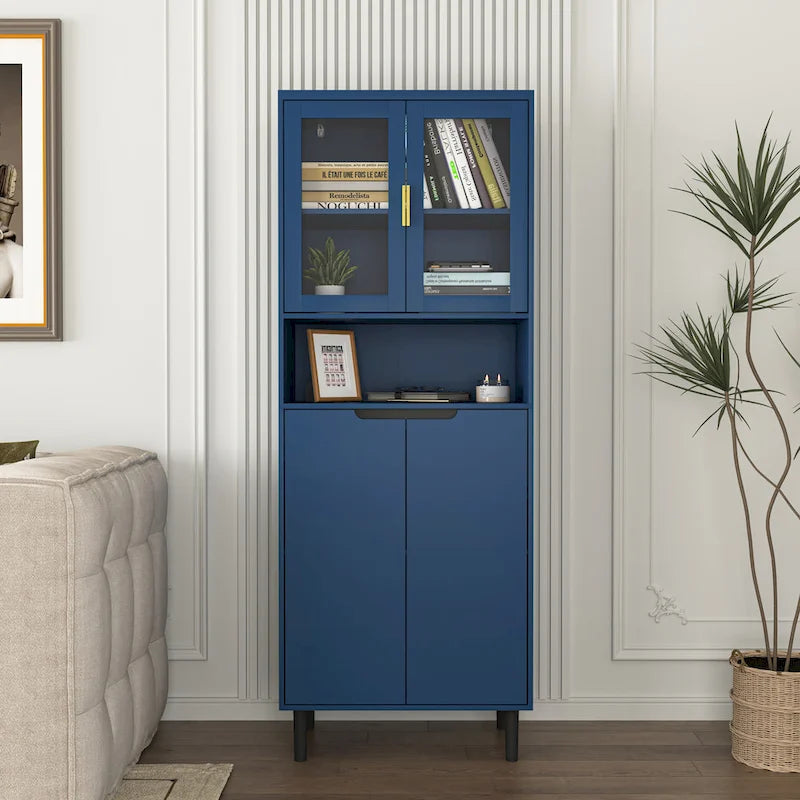Tall Storage Show Cabinet with 2 Glass Display Door & 2 Doors, Tall Kitchen Pantry Cabinet with Gold Handles