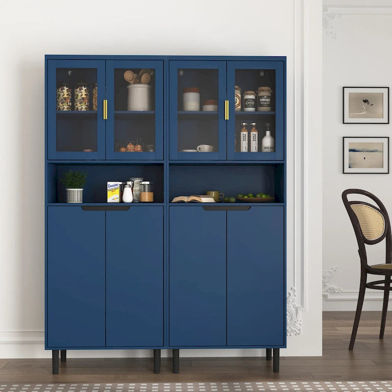 Vitrine haute de rangement avec 2 portes vitrées et 2 portes, buffet de cuisine haut avec poignées dorées