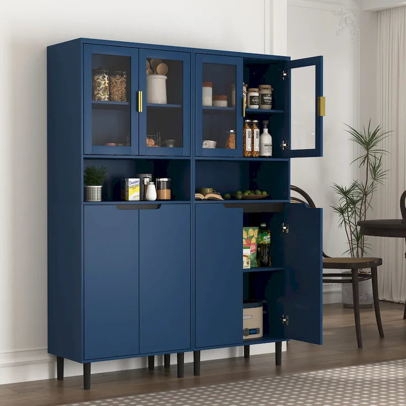 Vitrine haute de rangement avec 2 portes vitrées et 2 portes, buffet de cuisine haut avec poignées dorées