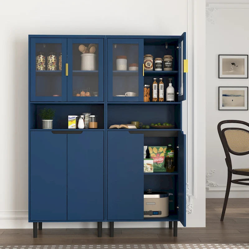Vitrine haute de rangement avec 2 portes vitrées et 2 portes, buffet de cuisine haut avec poignées dorées