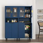 Vitrine haute de rangement avec 2 portes vitrées et 2 portes, buffet de cuisine haut avec poignées dorées
