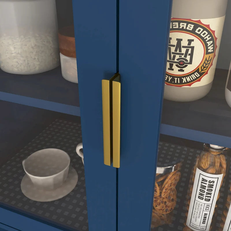 Vitrine haute de rangement avec 2 portes vitrées et 2 portes, buffet de cuisine haut avec poignées dorées