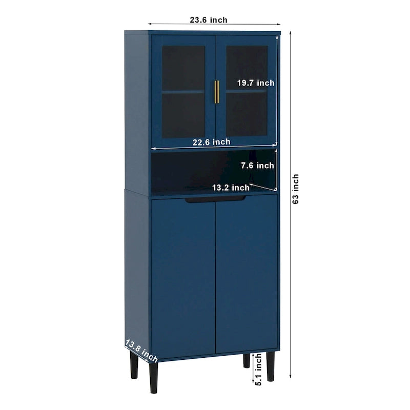 Vitrine haute de rangement avec 2 portes vitrées et 2 portes, buffet de cuisine haut avec poignées dorées