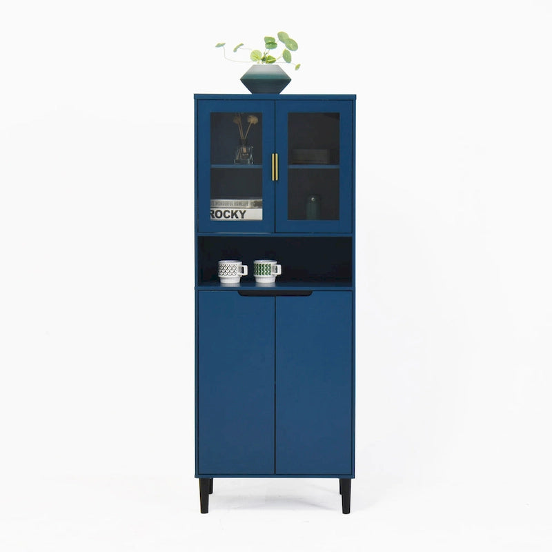 Vitrine haute de rangement avec 2 portes vitrées et 2 portes, buffet de cuisine haut avec poignées dorées