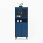 Vitrine haute de rangement avec 2 portes vitrées et 2 portes, buffet de cuisine haut avec poignées dorées
