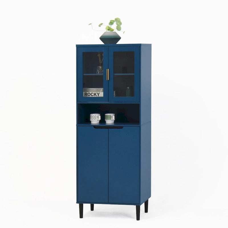 Vitrine haute de rangement avec 2 portes vitrées et 2 portes, buffet de cuisine haut avec poignées dorées
