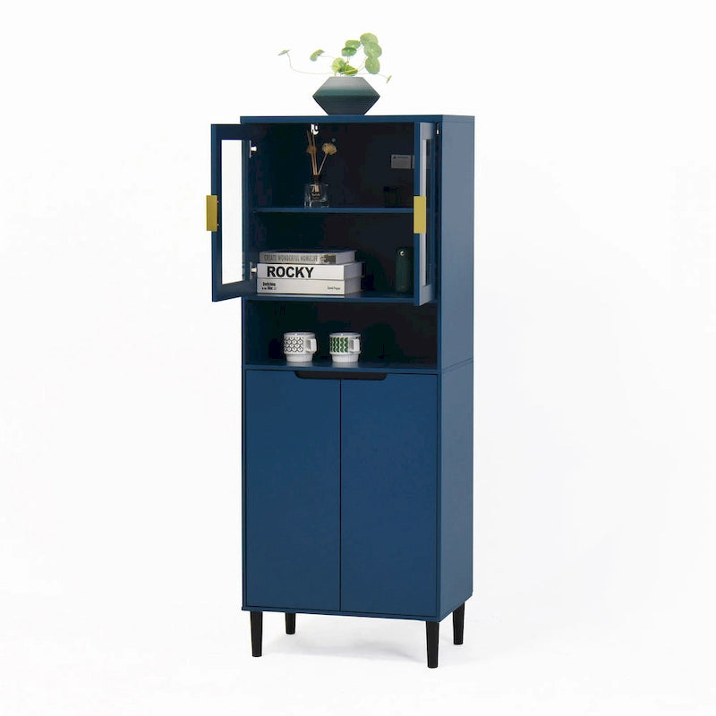 Vitrine haute de rangement avec 2 portes vitrées et 2 portes, buffet de cuisine haut avec poignées dorées