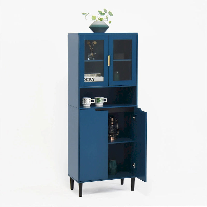 Vitrine haute de rangement avec 2 portes vitrées et 2 portes, buffet de cuisine haut avec poignées dorées