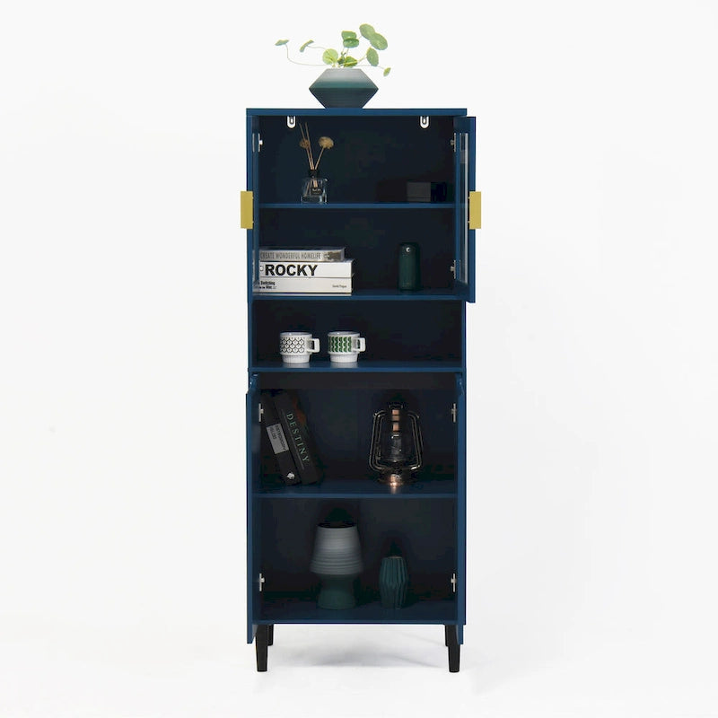 Vitrine haute de rangement avec 2 portes vitrées et 2 portes, buffet de cuisine haut avec poignées dorées