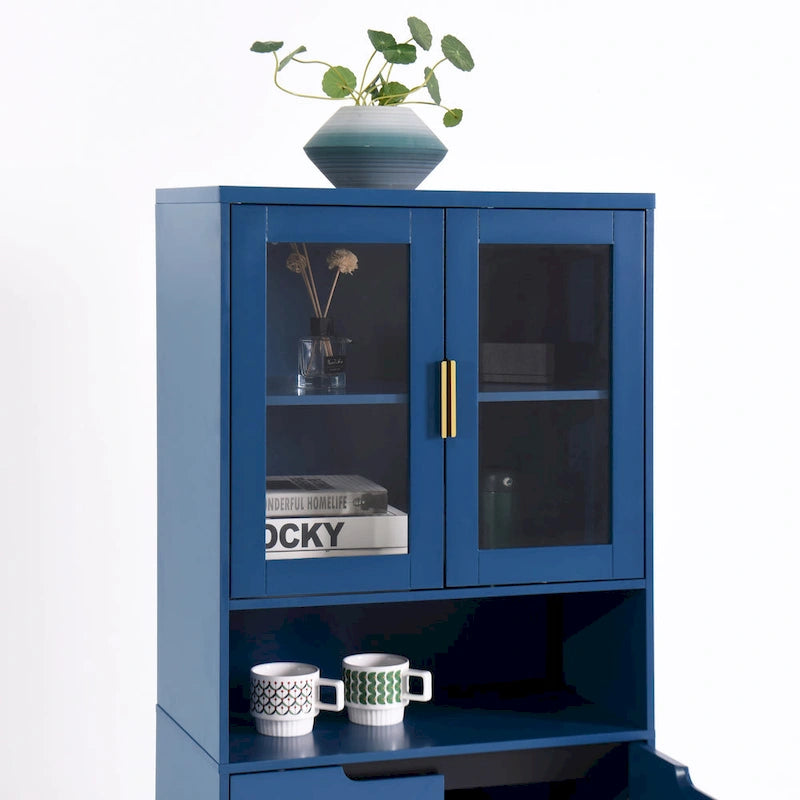 Vitrine haute de rangement avec 2 portes vitrées et 2 portes, buffet de cuisine haut avec poignées dorées