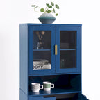 Vitrine haute de rangement avec 2 portes vitrées et 2 portes, buffet de cuisine haut avec poignées dorées