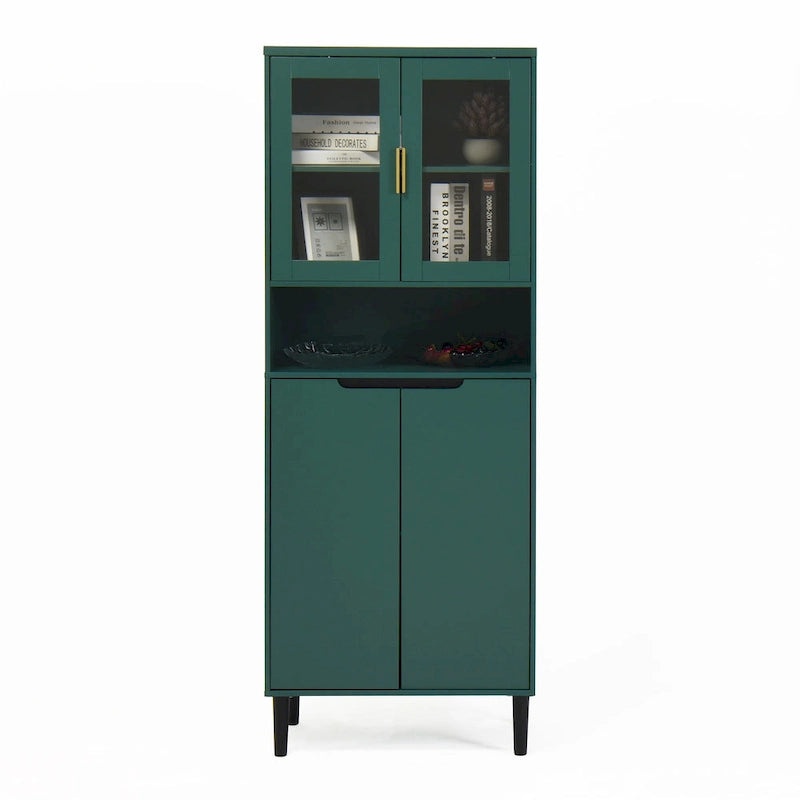 Vitrine haute de rangement avec 2 portes vitrées et 2 portes, buffet de cuisine haut avec poignées dorées