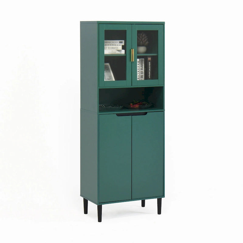 Vitrine haute de rangement avec 2 portes vitrées et 2 portes, buffet de cuisine haut avec poignées dorées