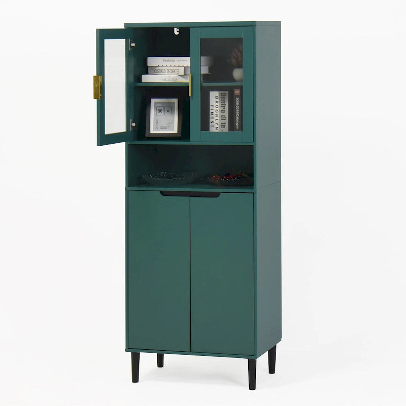 Vitrine haute de rangement avec 2 portes vitrées et 2 portes, buffet de cuisine haut avec poignées dorées