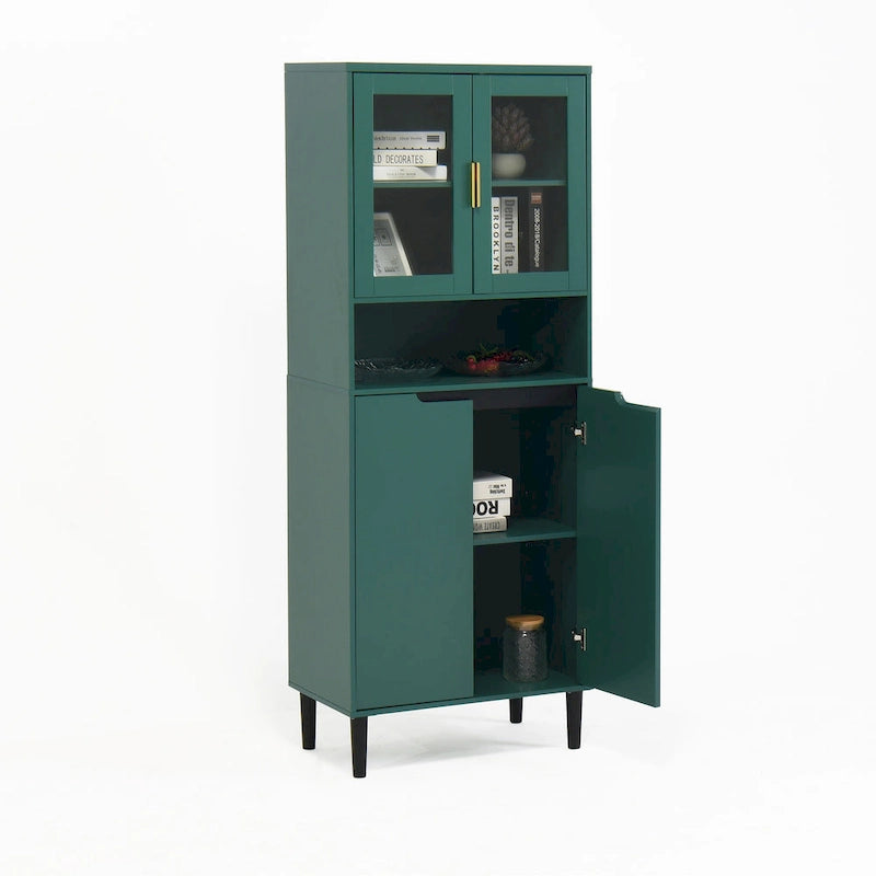 Vitrine haute de rangement avec 2 portes vitrées et 2 portes, buffet de cuisine haut avec poignées dorées