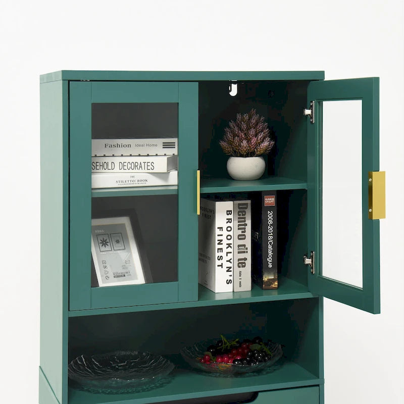 Vitrine haute de rangement avec 2 portes vitrées et 2 portes, buffet de cuisine haut avec poignées dorées