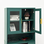 Vitrine haute de rangement avec 2 portes vitrées et 2 portes, buffet de cuisine haut avec poignées dorées
