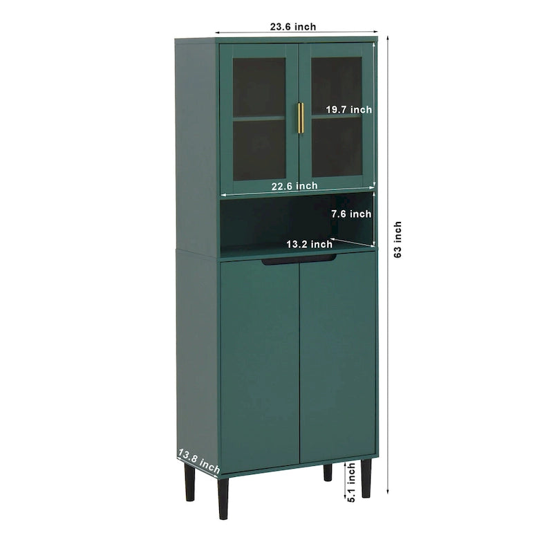 Vitrine haute de rangement avec 2 portes vitrées et 2 portes, buffet de cuisine haut avec poignées dorées