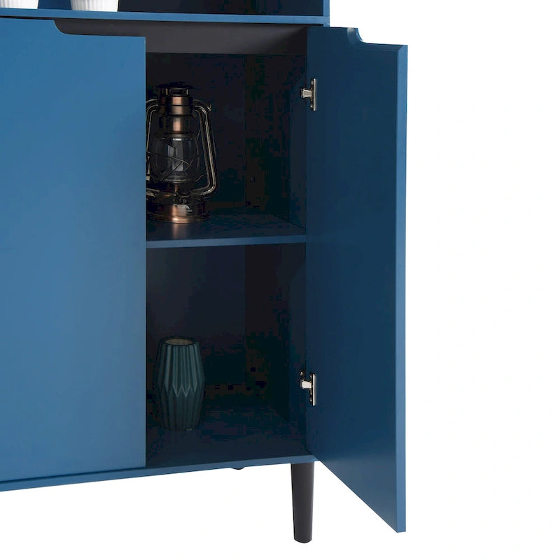 Vitrine haute de rangement avec 2 portes vitrées et 2 portes, buffet de cuisine haut avec poignées dorées