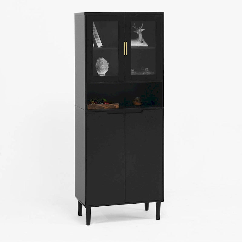 Vitrine haute de rangement avec 2 portes vitrées et 2 portes, buffet de cuisine haut avec poignées dorées