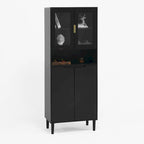Vitrine haute de rangement avec 2 portes vitrées et 2 portes, buffet de cuisine haut avec poignées dorées