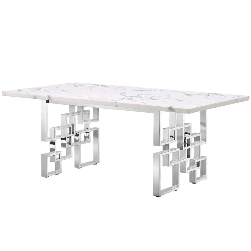 Table à manger de luxe en faux marbre blanc avec plateau de 78 pouces et base en métal