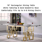 Table à manger de luxe en faux marbre blanc avec plateau de 78 pouces et base en métal