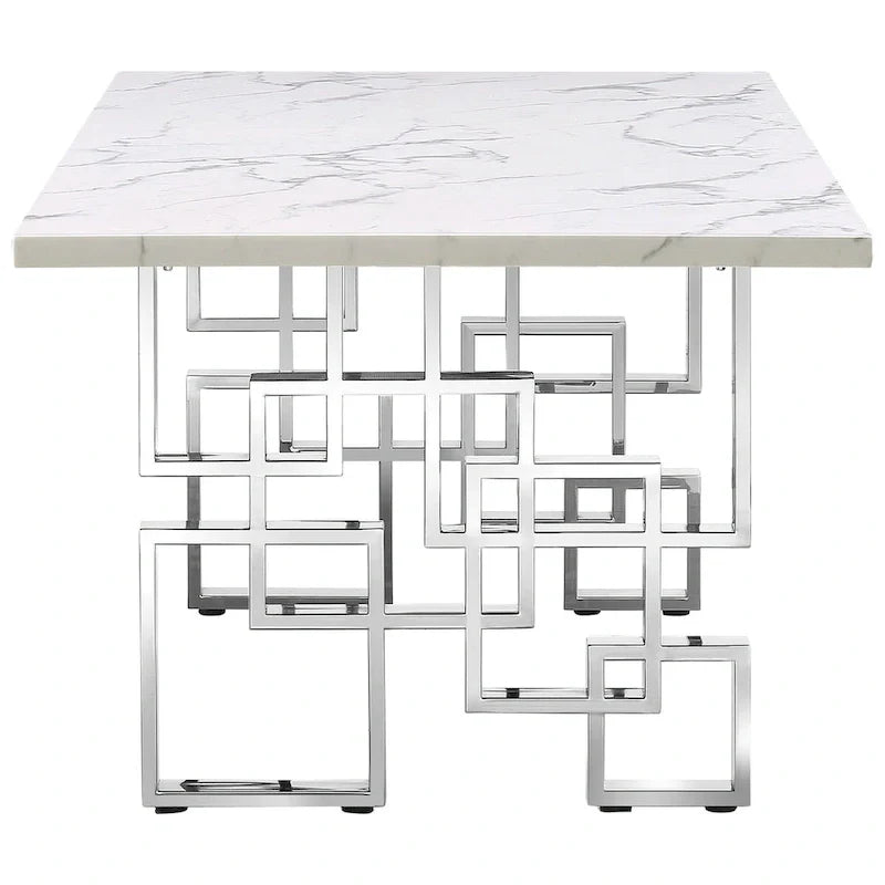 Table à manger de luxe en faux marbre blanc avec plateau de 78 pouces et base en métal
