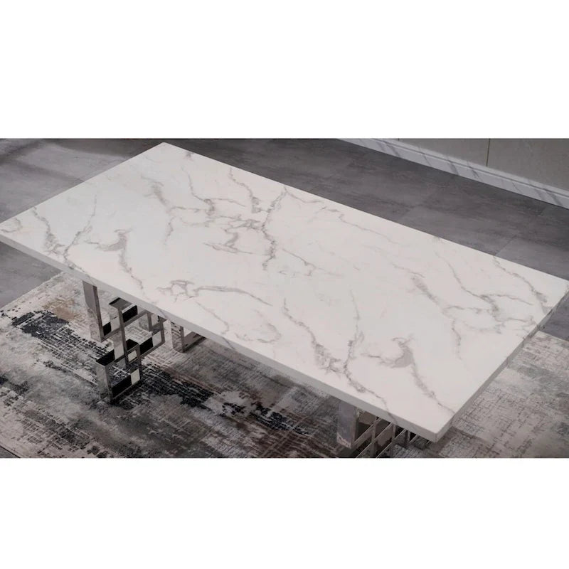 Table à manger de luxe en faux marbre blanc avec plateau de 78 pouces et base en métal