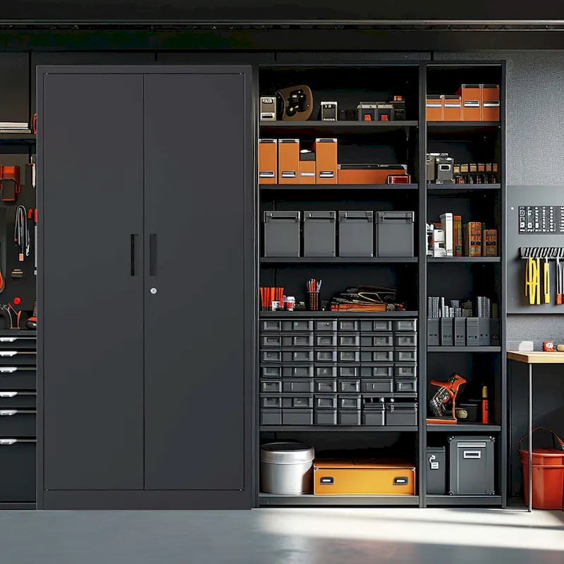 Armoire de rangement métallique de garage 72H, armoire de rangement noire en acier avec portes et 4 étagères