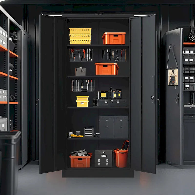 Armoire de rangement métallique de garage 72H, armoire de rangement noire en acier avec portes et 4 étagères