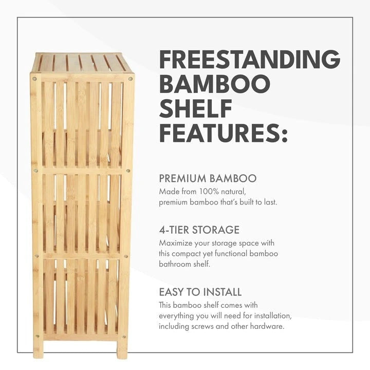 Produits Étagère de salle de bain autoportante de luxe à 4 niveaux en bambou, Organisateur de salle de bain avec étagères de rangement