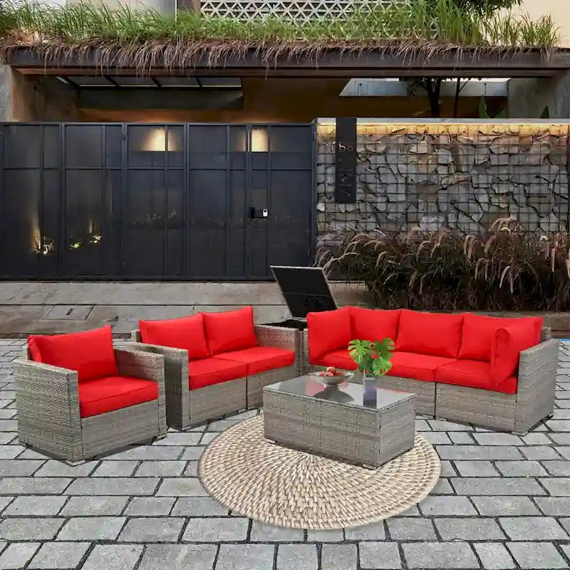 Ensemble de 8 meubles de jardin sectionnels en osier avec table basse en verre et coussins