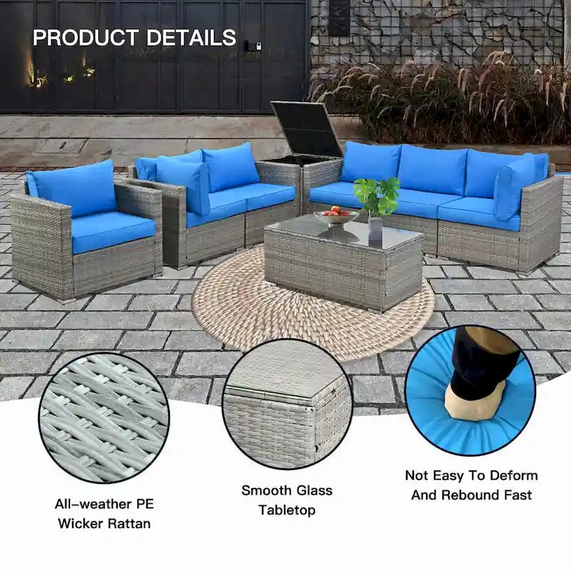 Ensemble de 8 meubles de jardin sectionnels en osier avec table basse en verre et coussins