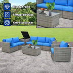 Ensemble de 8 meubles de jardin sectionnels en osier avec table basse en verre et coussins