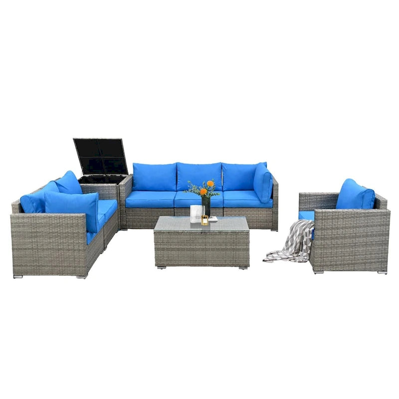 Ensemble de 8 meubles de jardin sectionnels en osier avec table basse en verre et coussins
