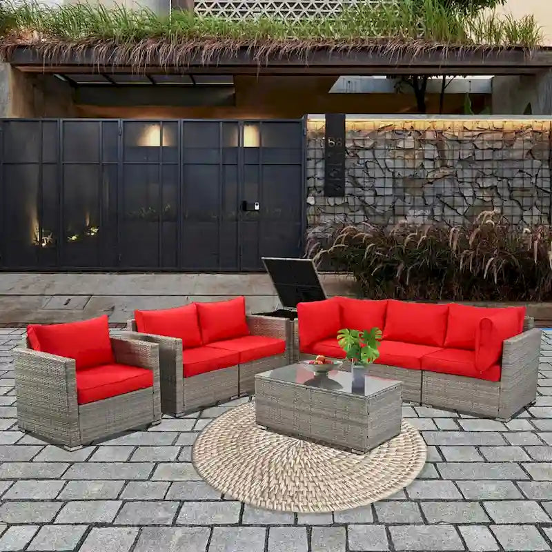 Ensemble de 8 meubles de jardin sectionnels en osier avec table basse en verre et coussins
