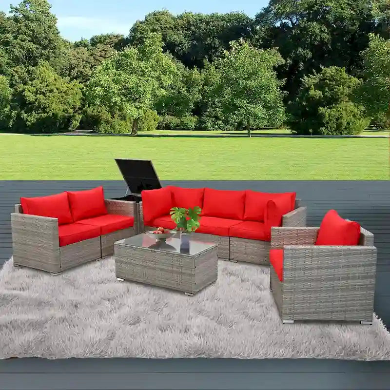 Ensemble de 8 meubles de jardin sectionnels en osier avec table basse en verre et coussins