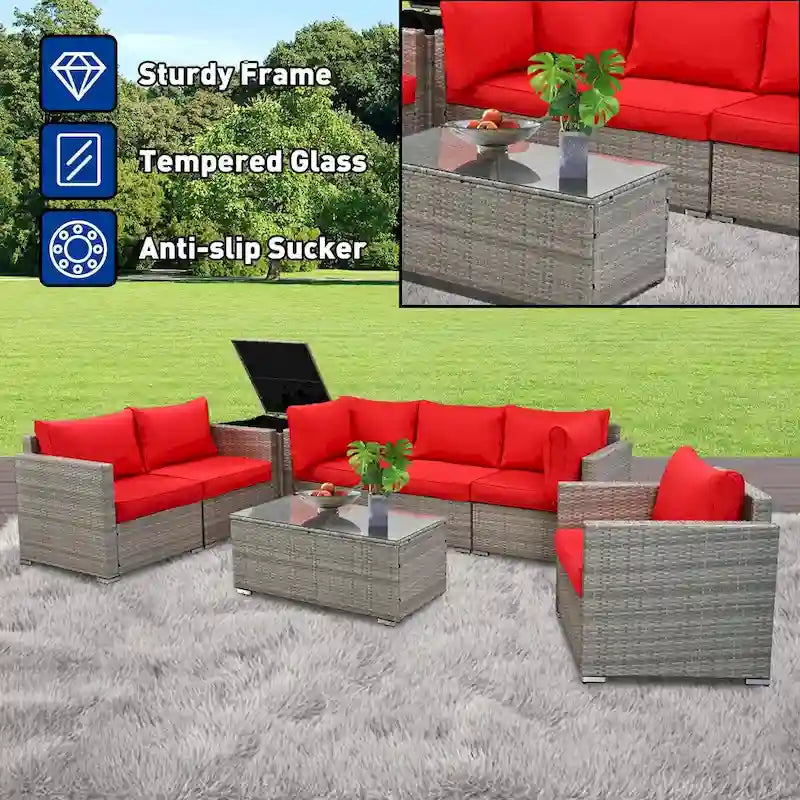 Ensemble de 8 meubles de jardin sectionnels en osier avec table basse en verre et coussins