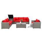 Ensemble de 8 meubles de jardin sectionnels en osier avec table basse en verre et coussins