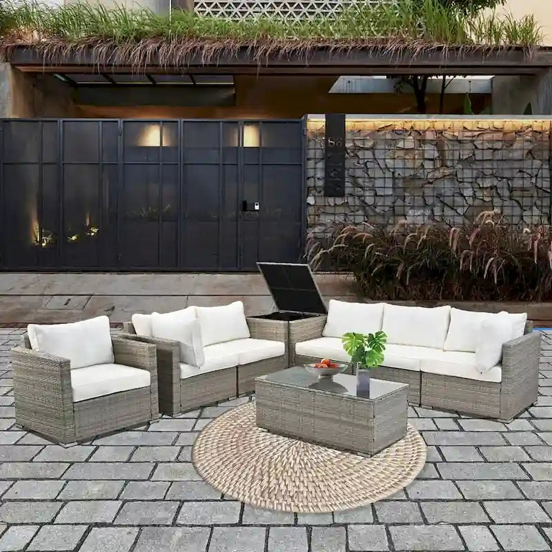 Ensemble de 8 meubles de jardin sectionnels en osier avec table basse en verre et coussins