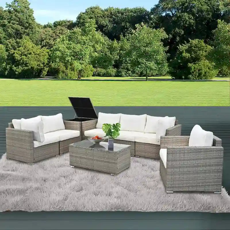Ensemble de 8 meubles de jardin sectionnels en osier avec table basse en verre et coussins