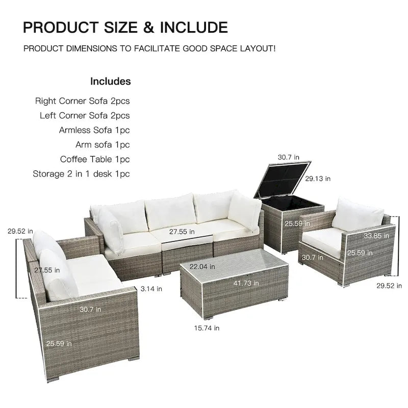 Ensemble de 8 meubles de jardin sectionnels en osier avec table basse en verre et coussins