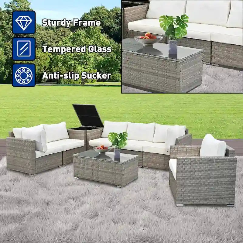 Ensemble de 8 meubles de jardin sectionnels en osier avec table basse en verre et coussins