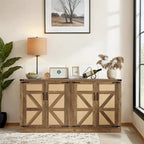 Buffet rustique en similicuir tressé de 65 pouces avec portes de grange