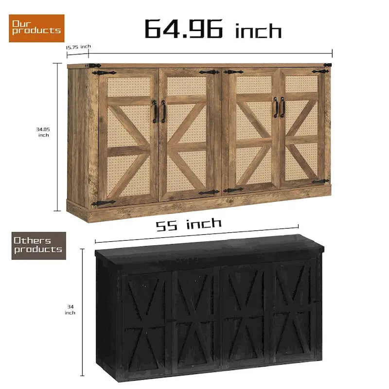 Buffet rustique en similicuir tressé de 65 pouces avec portes de grange